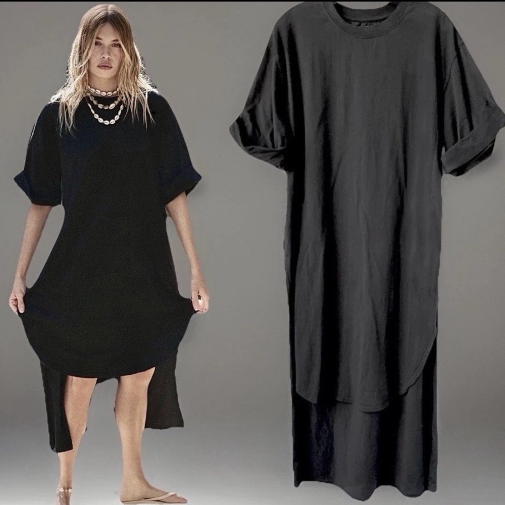 Free People Free-est NWOT Chrissa Midi High Low Tee Shirt Black Dress, XS (OS)